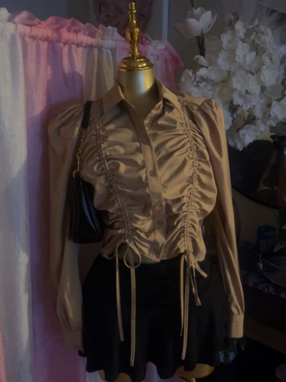 Fashion Nova Taupe Ruched Button-Up Blouse